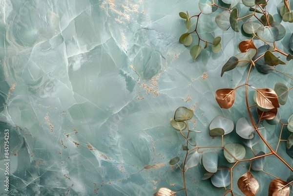 Fototapeta Elegant Sage Green Marble Background with Copper Leaves and Botanical Plants for Designs