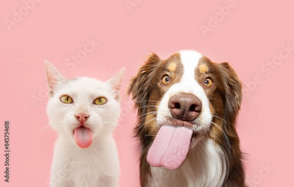 Obraz Funny hungry pets eating. Dog andcat licking its lips with tongue. Isolated on pink pastel background