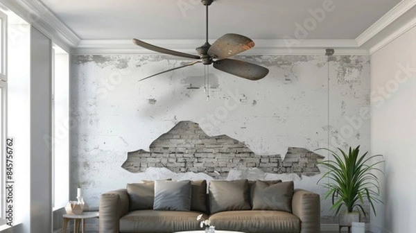 Fototapeta A ceiling fan is installed in a living room with a distressed wall that reveals a brick wall behind. The room features a brown couch and green plant.