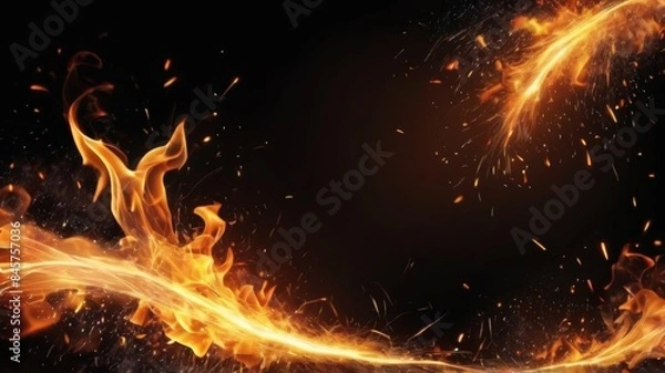 Obraz Aesthetic flame background, orange border realistic fire image. Detail of fire sparks isolated on black background