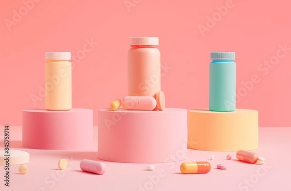 Fototapeta A pastel-colored health supplement bottles