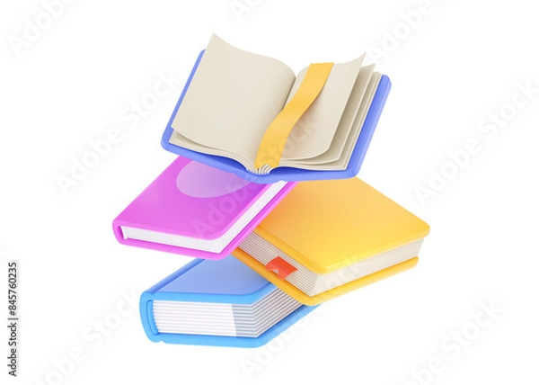 Fototapeta 3d flying school book icon render, education cartoon open element isolated on white background. Study object concept