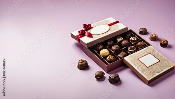 Fototapeta Elegant Background with Open Gift Box of Assorted Chocolates: Pralines, Truffles, Bonbons with Intricate Designs, Glossy Finishes, Luxurious Ribbon, Text Space, Generative AIes)
