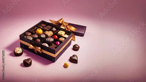 Fototapeta Elegant Background with Open Gift Box of Assorted Chocolates: Pralines, Truffles, Bonbons with Intricate Designs, Glossy Finishes, Luxurious Ribbon, Text Space, Generative AIes)