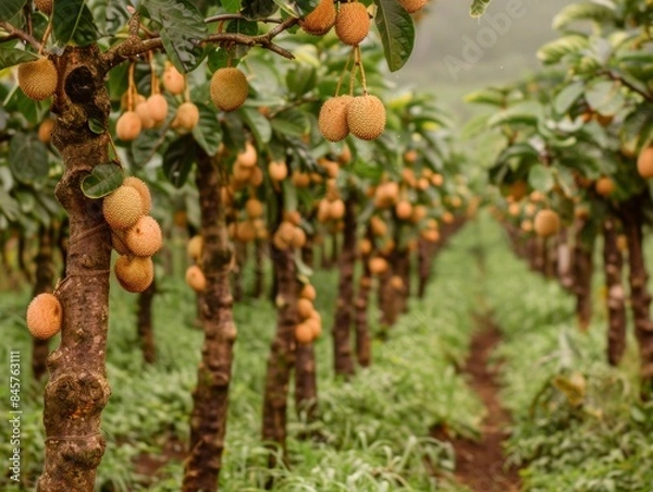 Fototapeta Early Morning Harvest in Lush Lychee Orchard Celebrating International Fruit Day, Showcasing Ripe Fruits and Natural Beauty