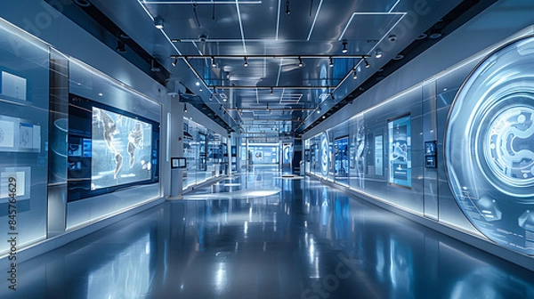 Fototapeta The main exhibition hall of the New Energy Machine Industrial Park, with LED screens on the front wall to display product images and data information, screens display real-time.