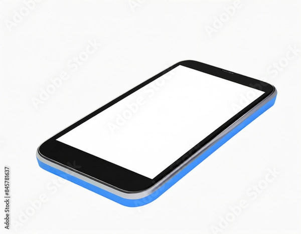 Obraz 青フレームのスマートフォン本体。白背景。AI生成画像。