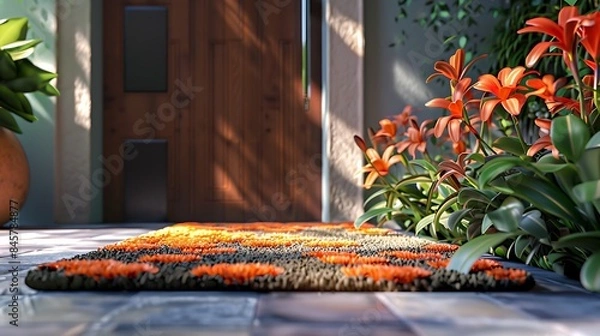 Fototapeta A decorative coir mat featuring a floral motif positioned in front of a contemporary apartment entrance