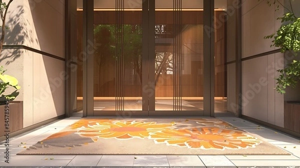 Fototapeta A decorative coir mat featuring a floral motif positioned in front of a contemporary apartment entrance