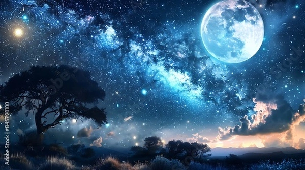 Fototapeta A dreamy starry night sky with twinkling constellations and a bright full moon, evoking a sense of wonder and awe