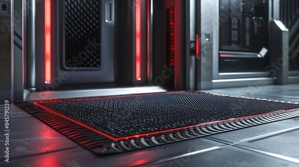 Fototapeta A durable outdoor mat with a non-slip backing positioned in front of a futuristic electronic door system