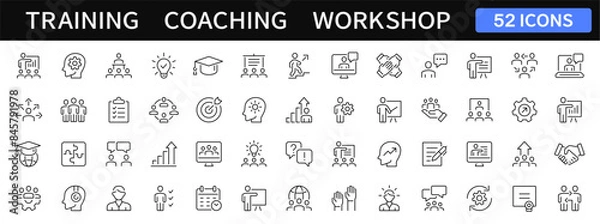 Fototapeta Training and Workshop thin line icons set. Coaching, education, seminar icon. Vector