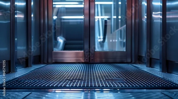 Fototapeta A durable outdoor mat with a non-slip backing positioned in front of a futuristic electronic door system