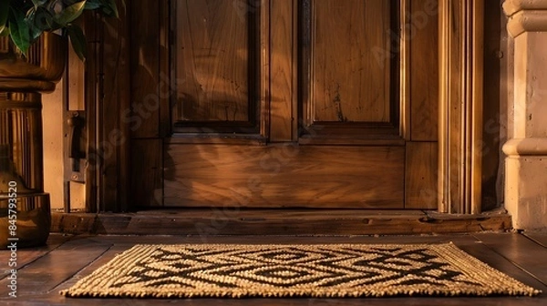 Fototapeta A high-quality coir mat featuring a geometric design placed in front of a wooden door with a brass handle