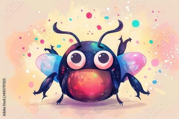 Fototapeta adorable kawaii horned beetle character with big eyes and cute smile digital illustration on simple pastel background