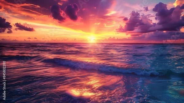 Fototapeta A large, panoramic canvas print of a sunset over the ocean, with vibrant hues of orange and purple reflecting on the water, creating a peaceful and captivating scene