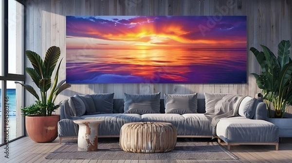 Fototapeta A large, panoramic canvas print of a sunset over the ocean, with vibrant hues of orange and purple reflecting on the water, creating a peaceful and captivating scene