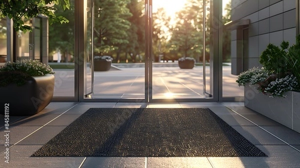 Fototapeta A neutral-toned mat placed at the entrance of a modern office building, complementing the architectural design