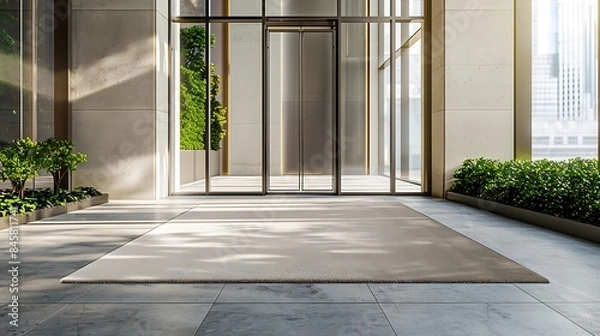 Fototapeta A neutral-toned mat placed at the entrance of a modern office building, complementing the architectural design