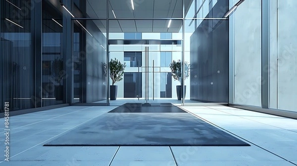 Fototapeta A neutral-toned mat placed at the entrance of a modern office building, complementing the architectural design