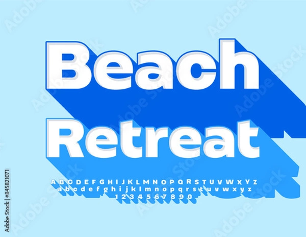 Obraz Vector travel advertisement Beach Retreat. Bright 3D Font with Blue Big Shadow. Creative Alphabet Letters and Numbers set.