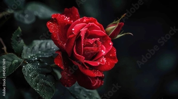 Fototapeta Red Rose on black backdrop