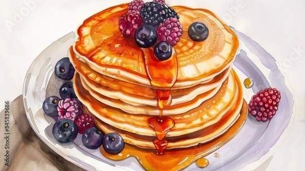 Fototapeta A watercolor painting of a stack of pancakes with blueberries, raspberries and blackberries on top and syrup dripping down the sides.