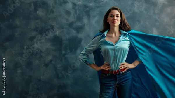 Obraz Brave woman keeps arms on hips, casting a superhero with blue cape .Ambition and business success concept. Leadership hero power, motivation.
