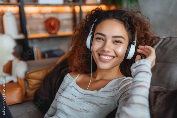 Fototapeta Happy young woman wearing headphones and enjoying music in a laid-back setting