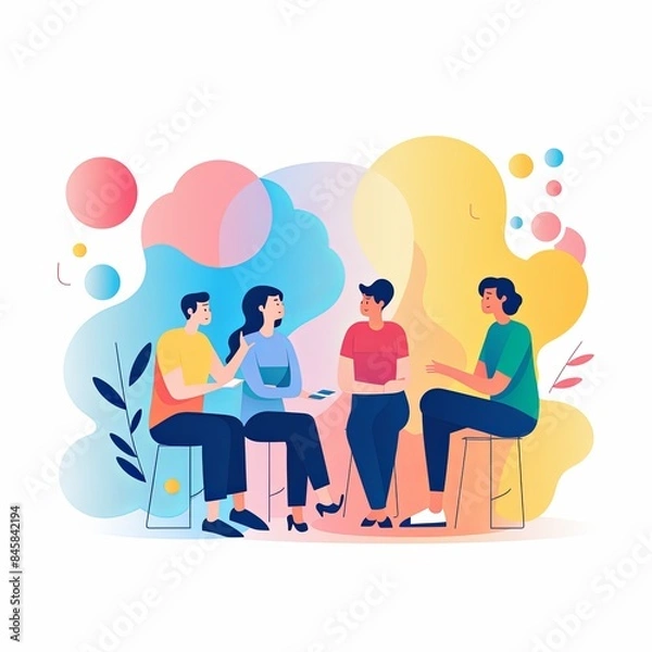 Fototapeta flat vector style illustration, a diverse group of people talking and collaborating, on white background 