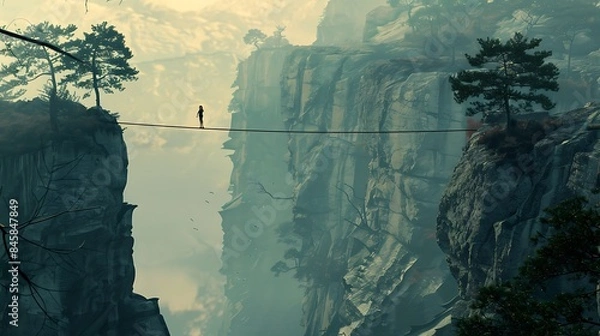 Fototapeta The concept of balance depicted by a tightrope walker gracefully navigating between two cliffs