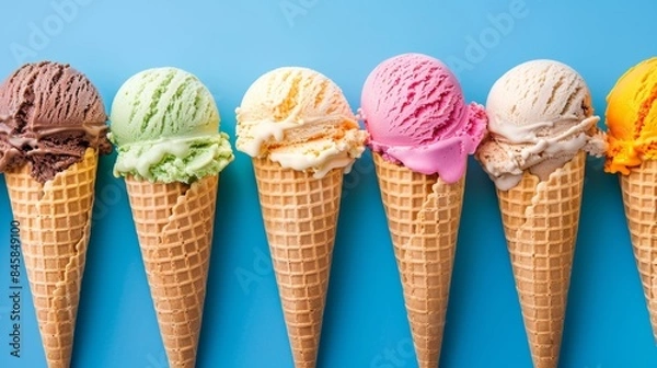 Fototapeta Assorted ice cream cones against blue background