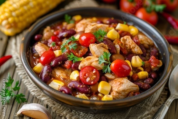 Fototapeta Top view close up of chili chicken with red beans corn and tomatoes in a bowl on the table