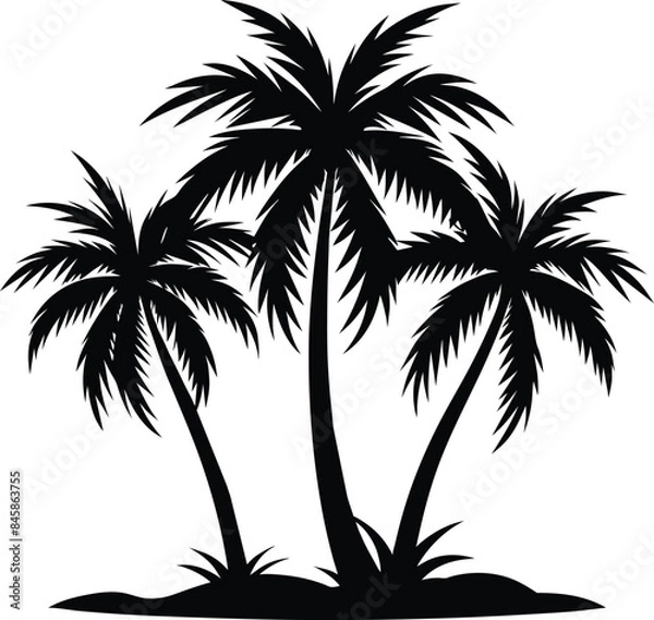 Fototapeta Silhouette of Three Palm Trees on Island Vector Illustration - Tropical Paradise Nature Scene