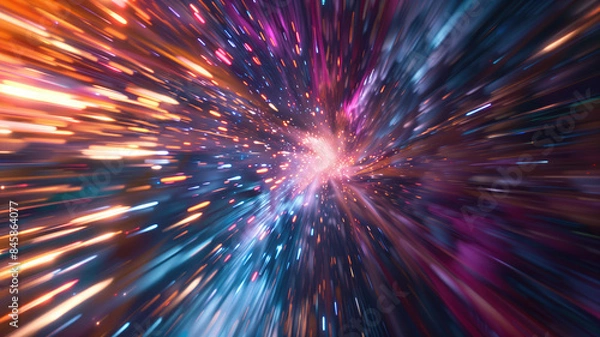Fototapeta Light speed, hyperspace, space warp background. colorful streaks of light gathering towards the event horizon Ai Generated