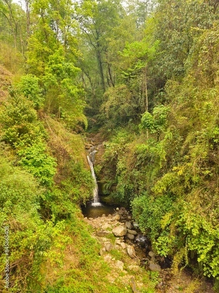 Fototapeta Forest in the Annapurna mountains in Nepal, with a small waterfall forming a lake in the center; on the sides a green and lush forest, wild nature with trees, plants and lianas.