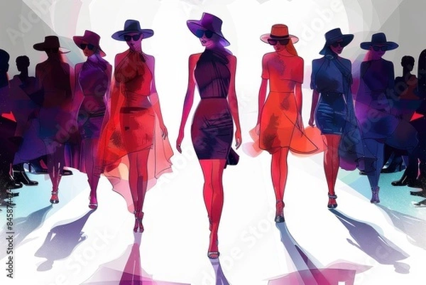 Fototapeta Colorful representation of models walking down a fashion show runway with abstract audience silhouettes