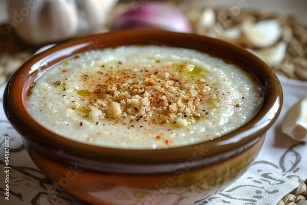 Fototapeta White garlic from Malaga is a type of Andalusian gazpacho with almonds bread crumbs water salt and oil