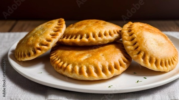 Fototapeta A close-up shot of five golden-brown empanadas or pies neatly arranged on a black plate