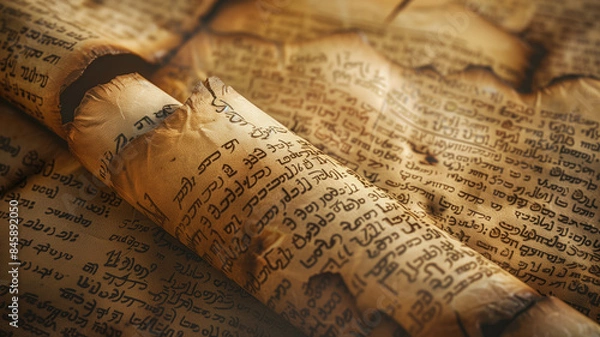 Fototapeta Old manuscript parchment Hebrew text ancient biblical scroll prophets Generative AI Illustration