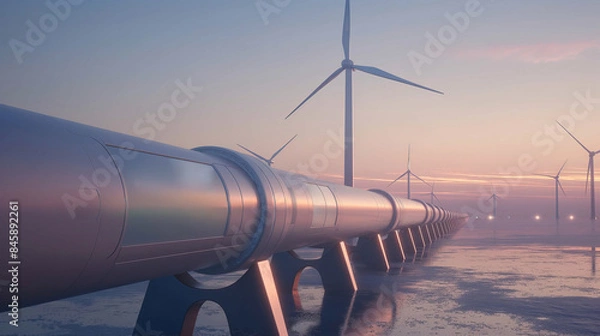 Fototapeta Futuristic hydrogen pipeline with wind turbines