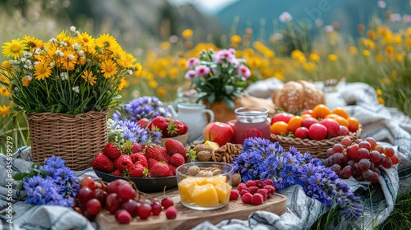 Fototapeta A colorful springtime picnic with flowers, fresh fruits, and a cheerful atmosphere
