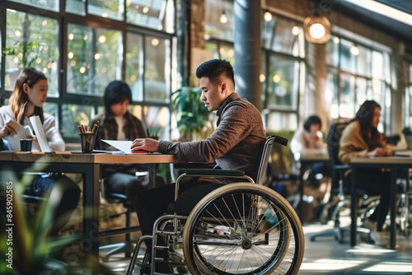 Fototapeta A young asian man with disability and her female colleague cooperating while working on paperwork in modern office