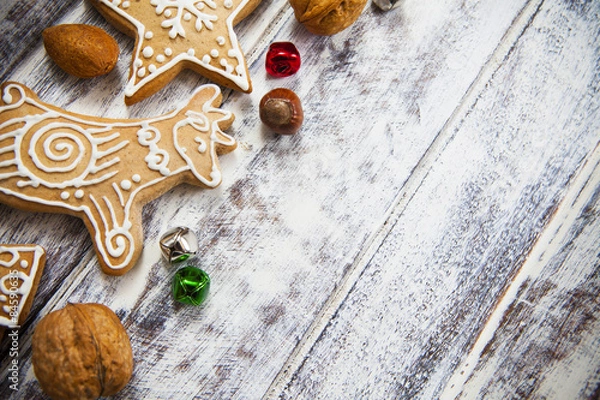 Obraz Christmas gingerbread cookies on white table