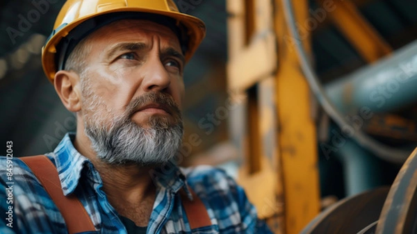 Fototapeta Close up man with a beard and hard hat working in an industrial complex while wearing PPE.