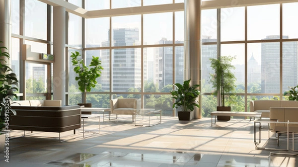Fototapeta A bright and airy office space with large windows, minimalistic furniture, and indoor plants, offering a panoramic city view.