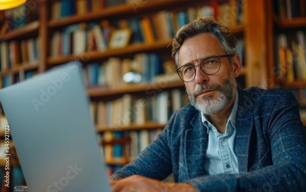 Obraz A man wearing glasses is sitting at a desk with a laptop open in front of him. He is focused on his work, possibly reading or writing. The room is filled with books