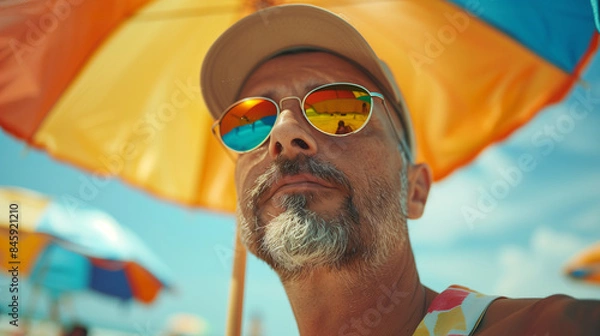 Obraz Attractive man with beard and sunglasses sitting under an umbrella on the beach.