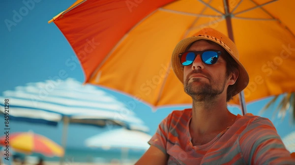 Obraz Attractive man with beard and sunglasses sitting under an umbrella on the beach.