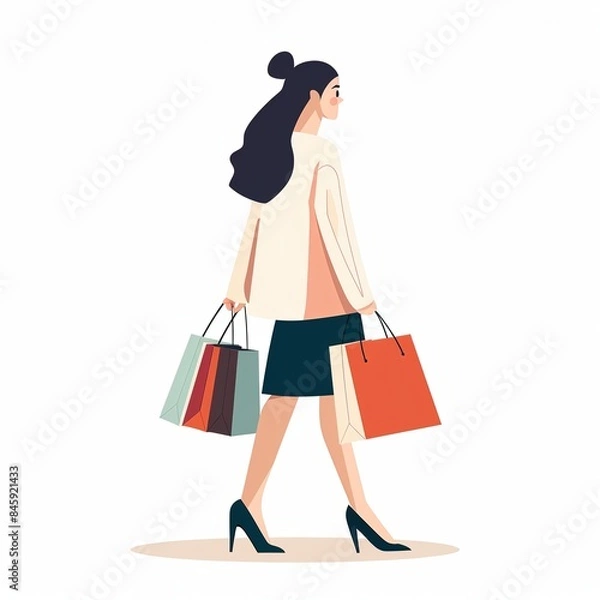 Fototapeta Flat vector illustration of beautiful woman shopping with shopping bag